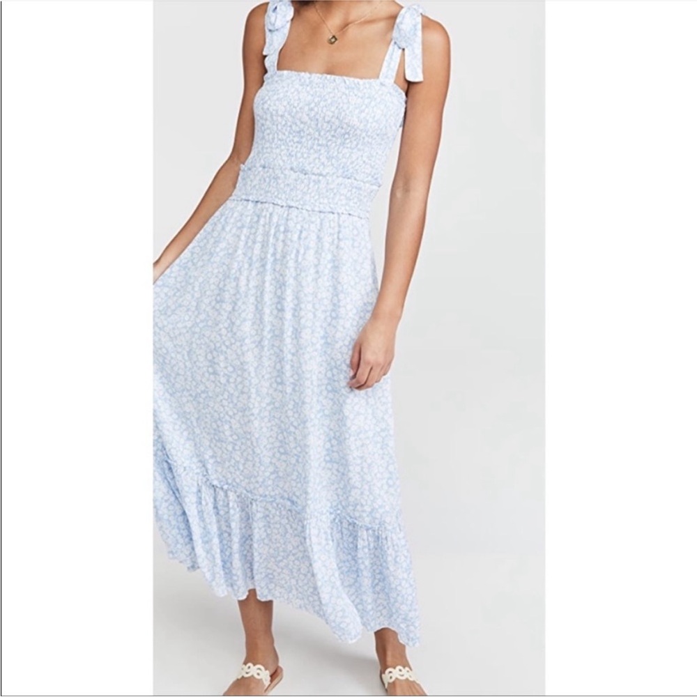 Lost + Wander Blue and White Tiered Smocked Midi Dress